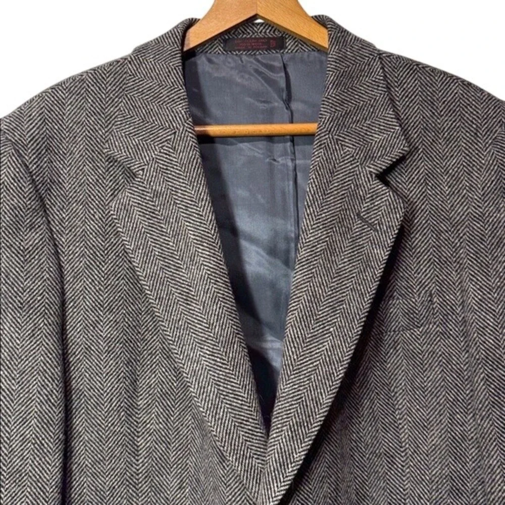 Vintage 100% Wool English Manor‎ Tweed Herringbone Blazer Black Jacket Men's